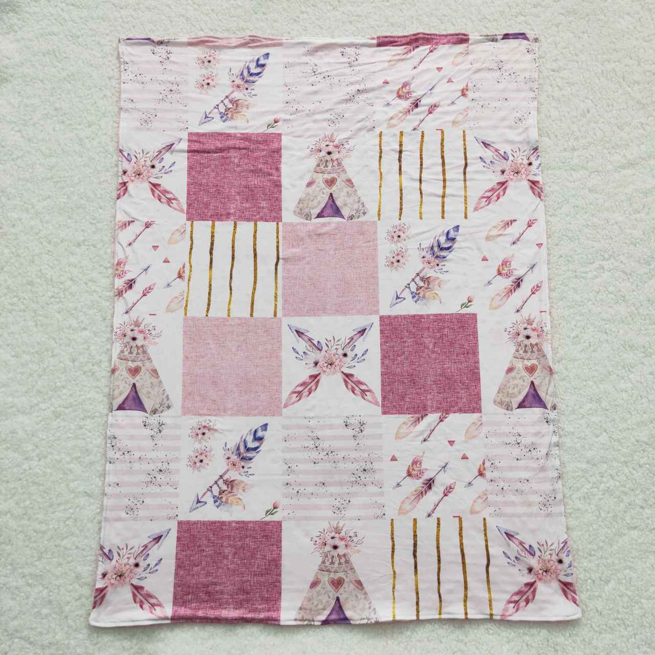 Feather camping minky patchwork blanket