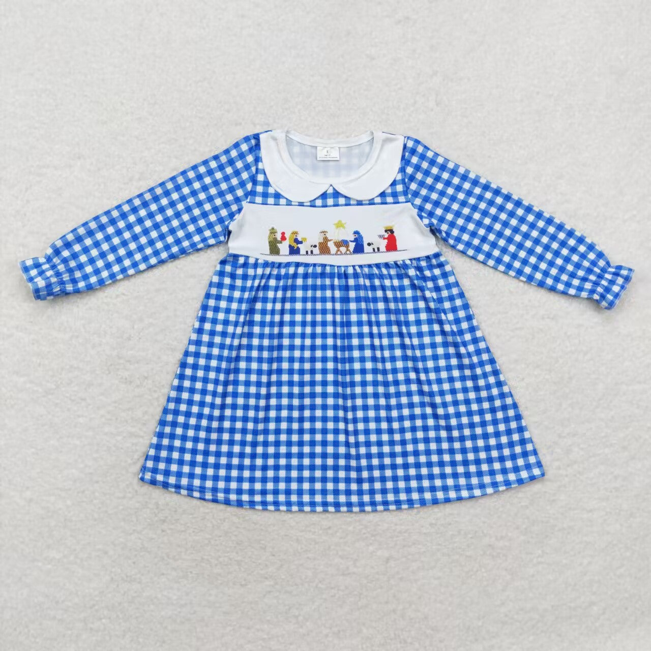 long sleeve blue plaid nativity dress