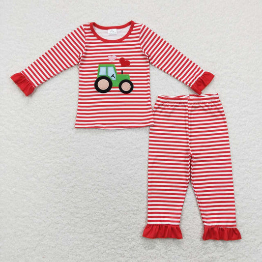 girl red stripe heart tractor embroidery pajamaw set