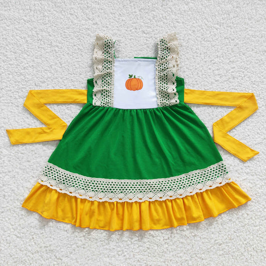 kids fall clothing solid color cotton pumpkin lace dress