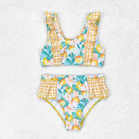 orange print two piece swimsuit girl swimwear