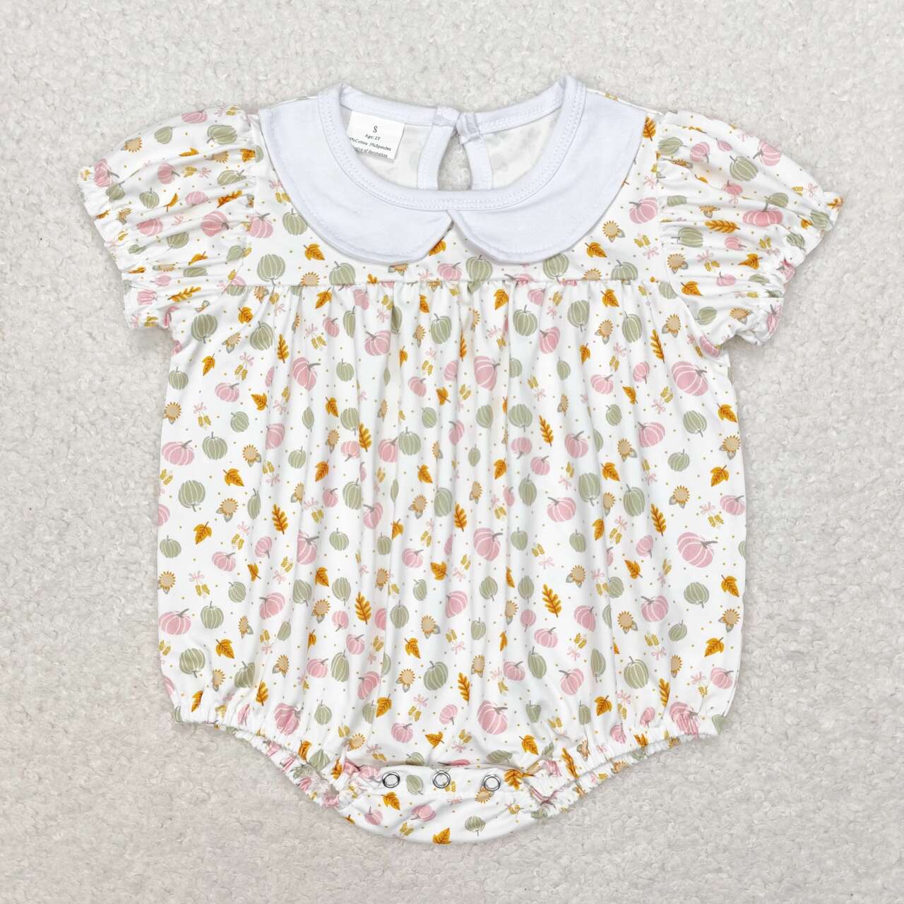 pink pumpkin&leaves print collared bubble girl