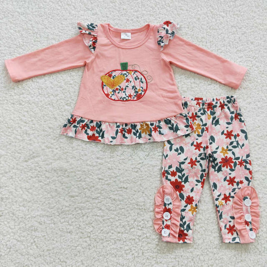 pink floral pumpkin embroidery legging set