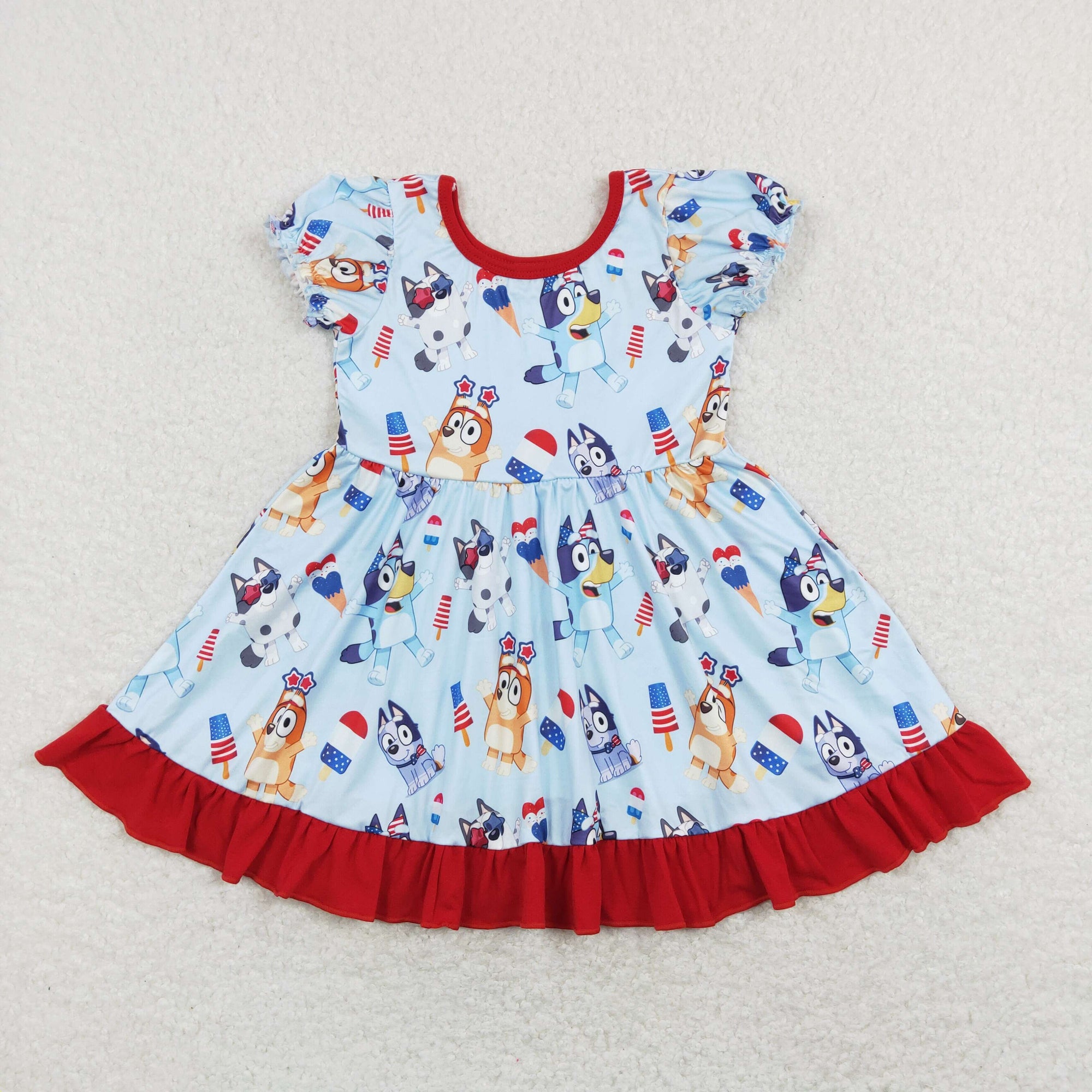 4th of july cartoon dog short sleeve ruffle dress