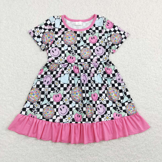 summer cowgirl dress,checkered, smiley dress,girl pink ruffle dress