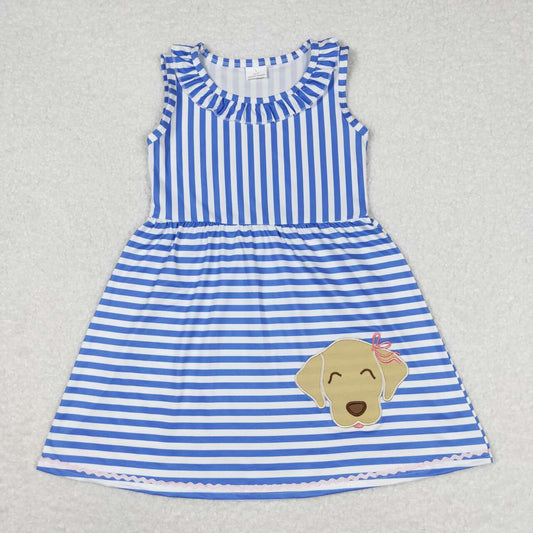blue stripe dog embroidery dress kids clothing