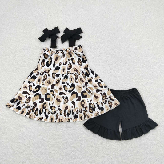 suspender leopard tunic ruffle shorts set girls summer outfit