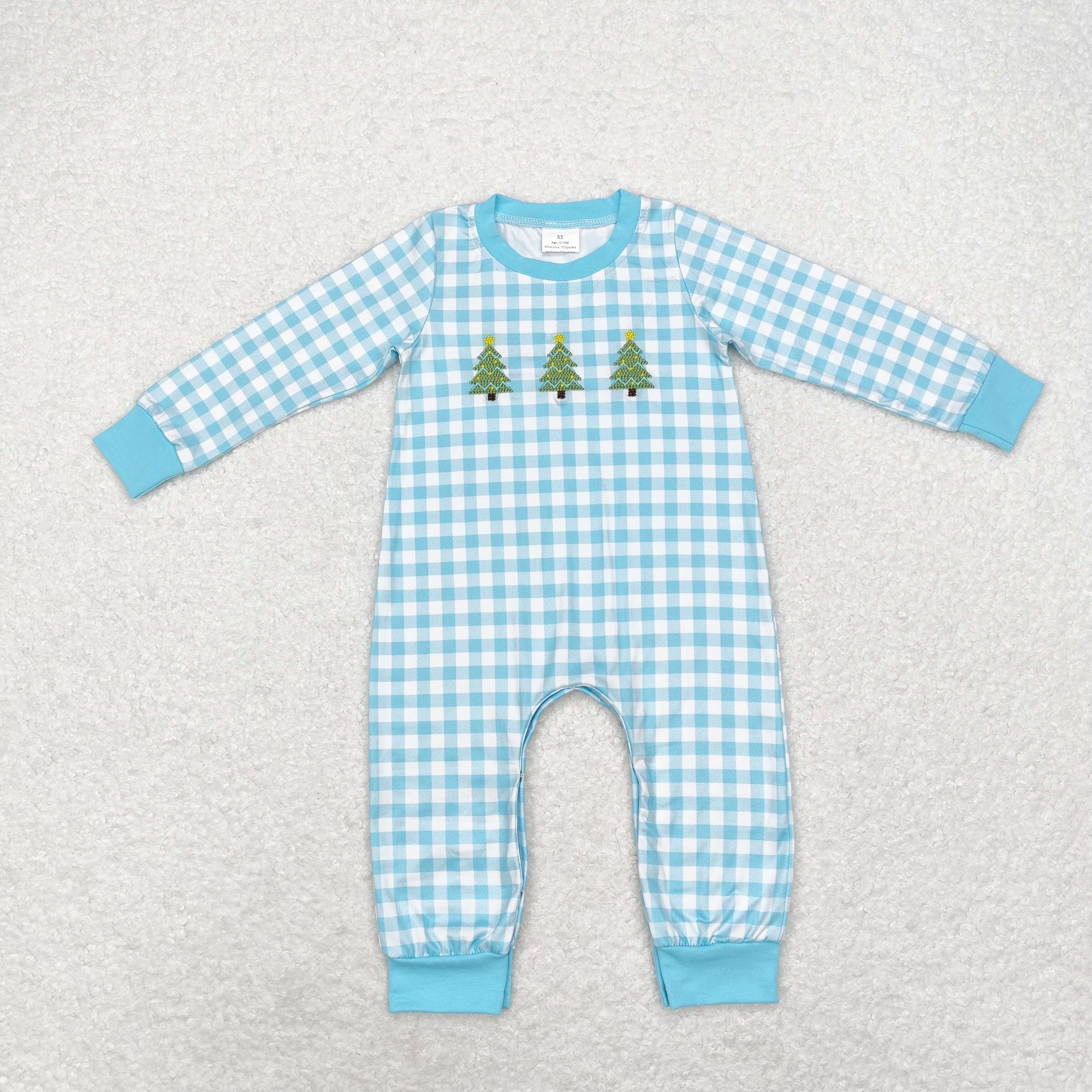blue plaid christmas tree embroidered romper