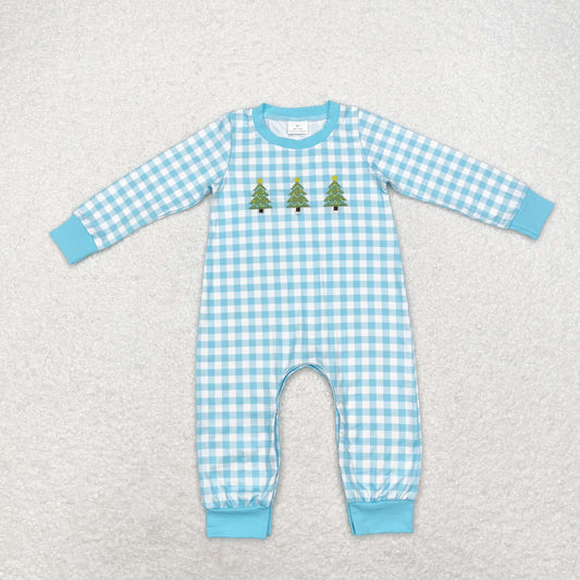 blue plaid christmas tree embroidered romper