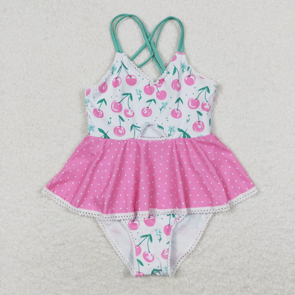 girl one piece swimsuit pink cherry swimwear