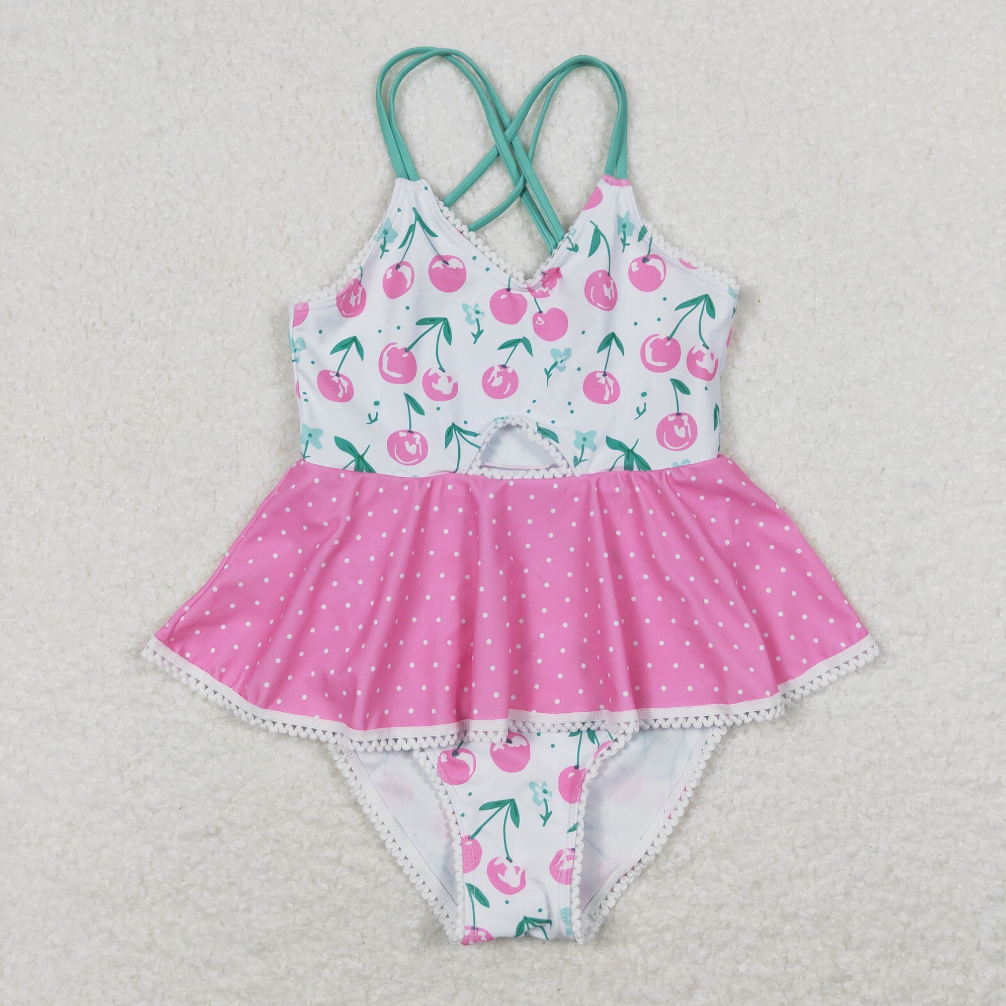 girl one piece swimsuit pink cherry swimwear