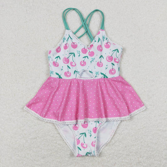girl one piece swimsuit pink cherry swimwear