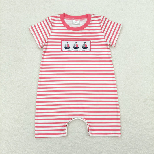red stripe sailboat embroidery baby rompers