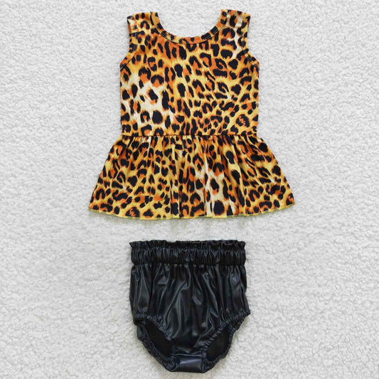 baby girl cheetah black leather bummie set