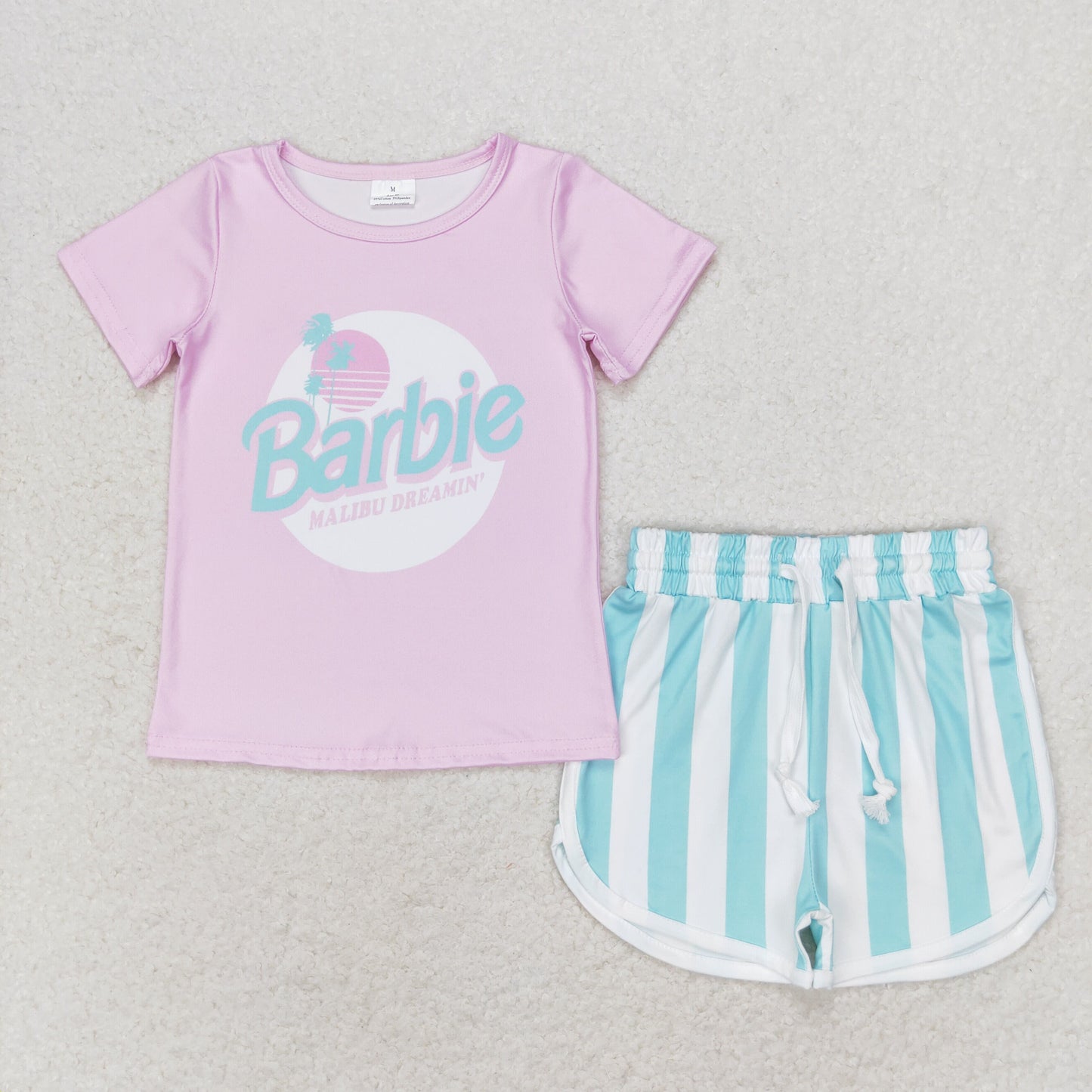 pink shirt blue stripe shorts set girl