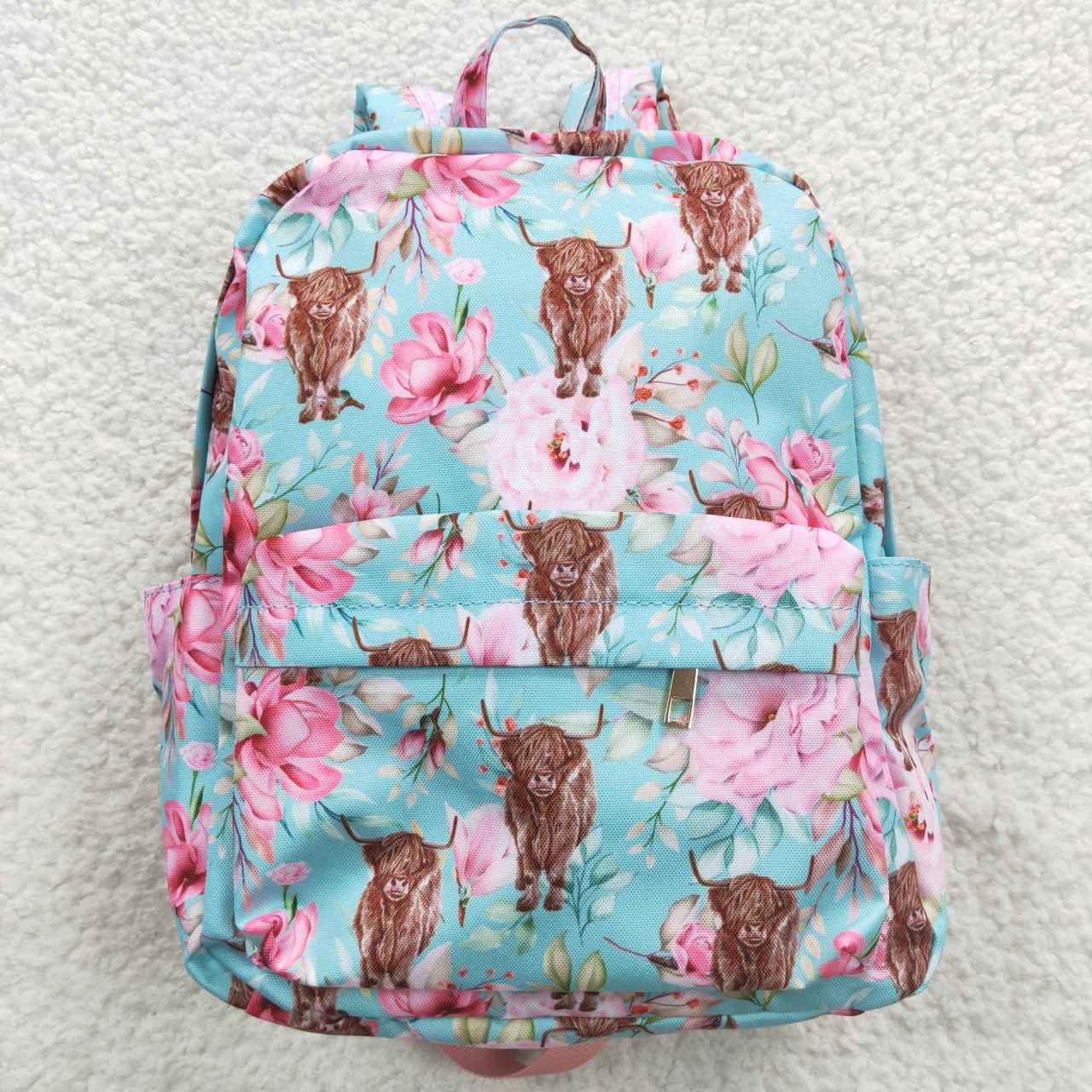 blur highland cow flower print child bag backpack