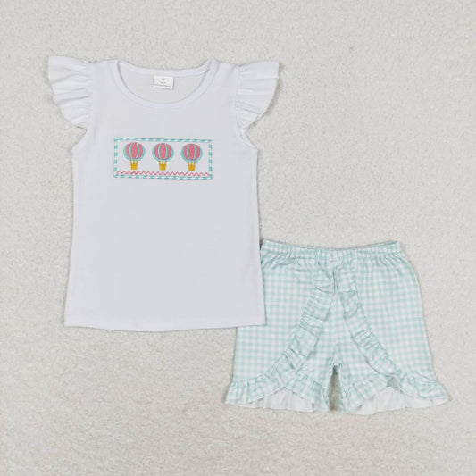 hot-air balloon embroidery girl shorts set