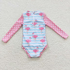 kids little girl pink flamingo rash guard swimsuit