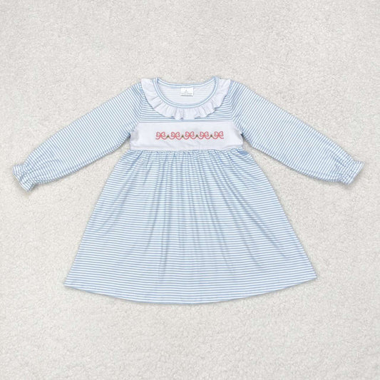 long sleeve blue stripes embroidery bows dress fall dresses