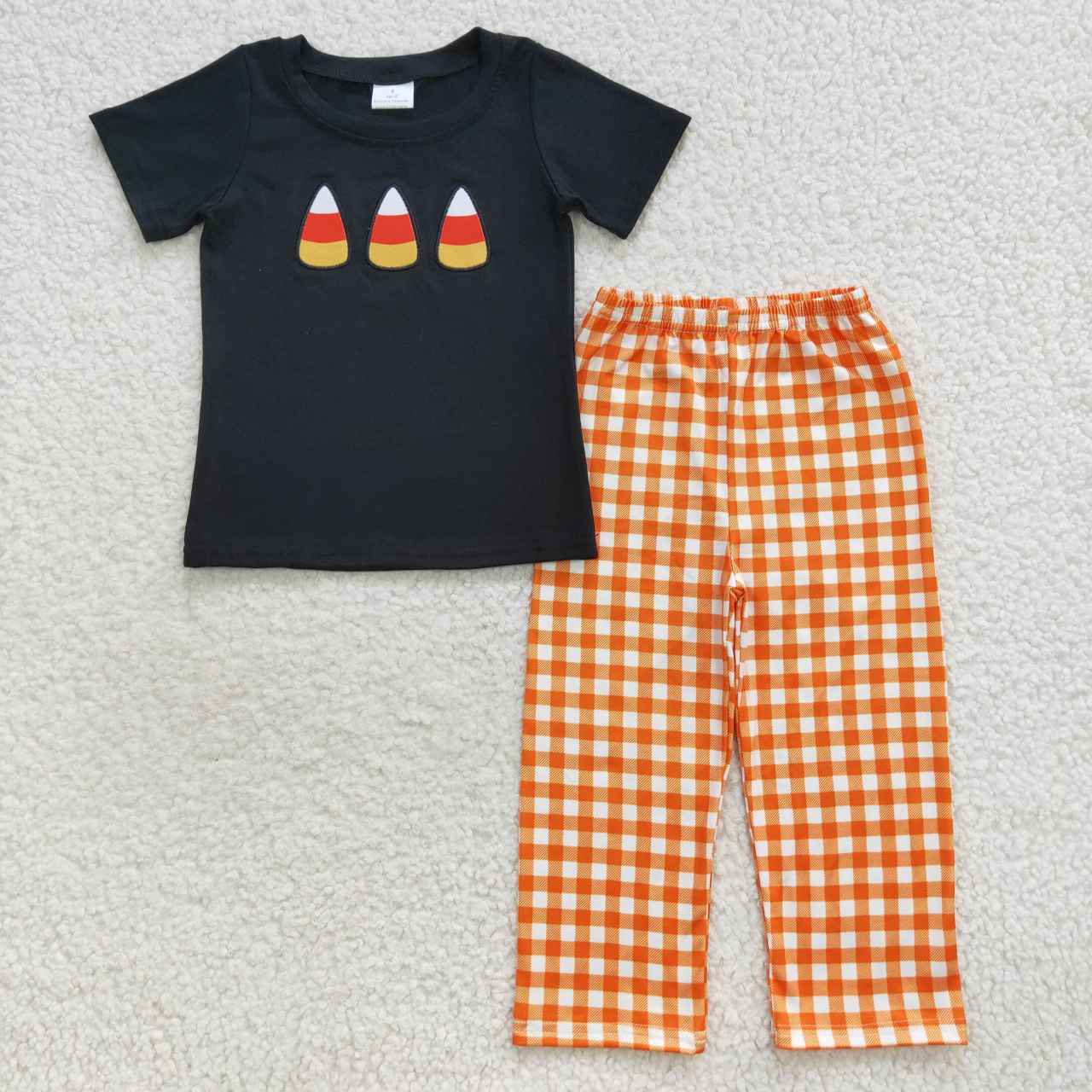 Short sleeve boys halloween candy orange plaid pants set