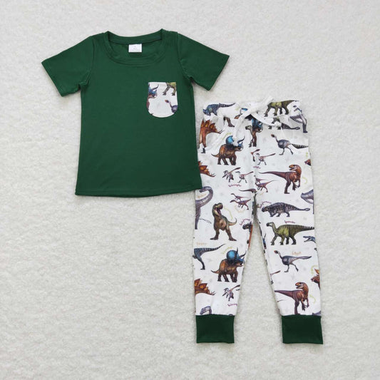 boy short sleeve green dinosaur jogger outfit