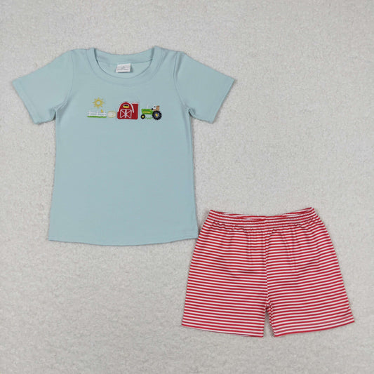 farm life baby boy embroidery red stripe shorts set