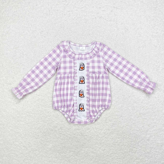 purple plaid boo embroidered bubble halloween rompers