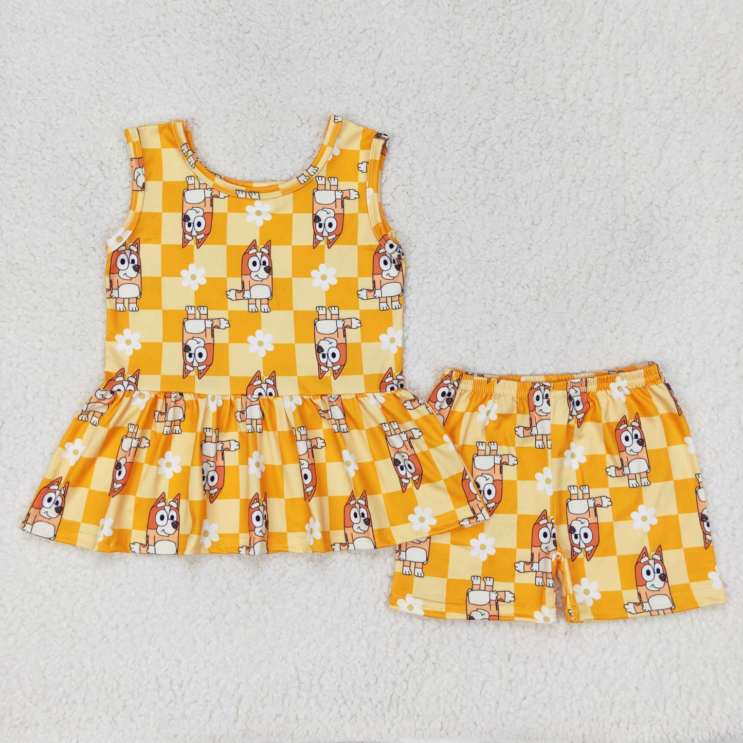 orange checkered blu*y girl tank shorts set