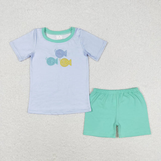 small fish embroidery boys shorts set