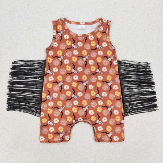 skull&flower fringe romper brown baby clothes