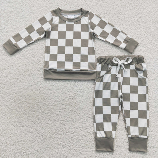 Long sleeve green white checkered jogger set kids boys clothing