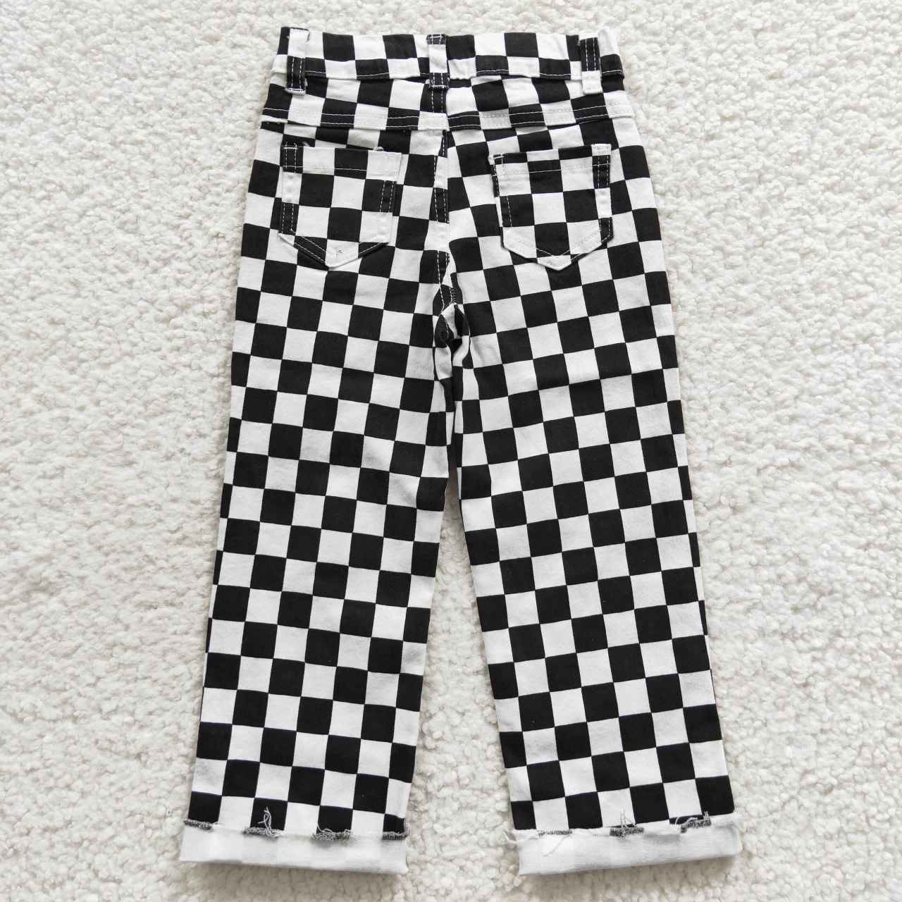 western kids black white checked jean trousers with hole