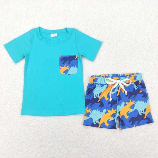 boy summer blue dinosaur shorts set
