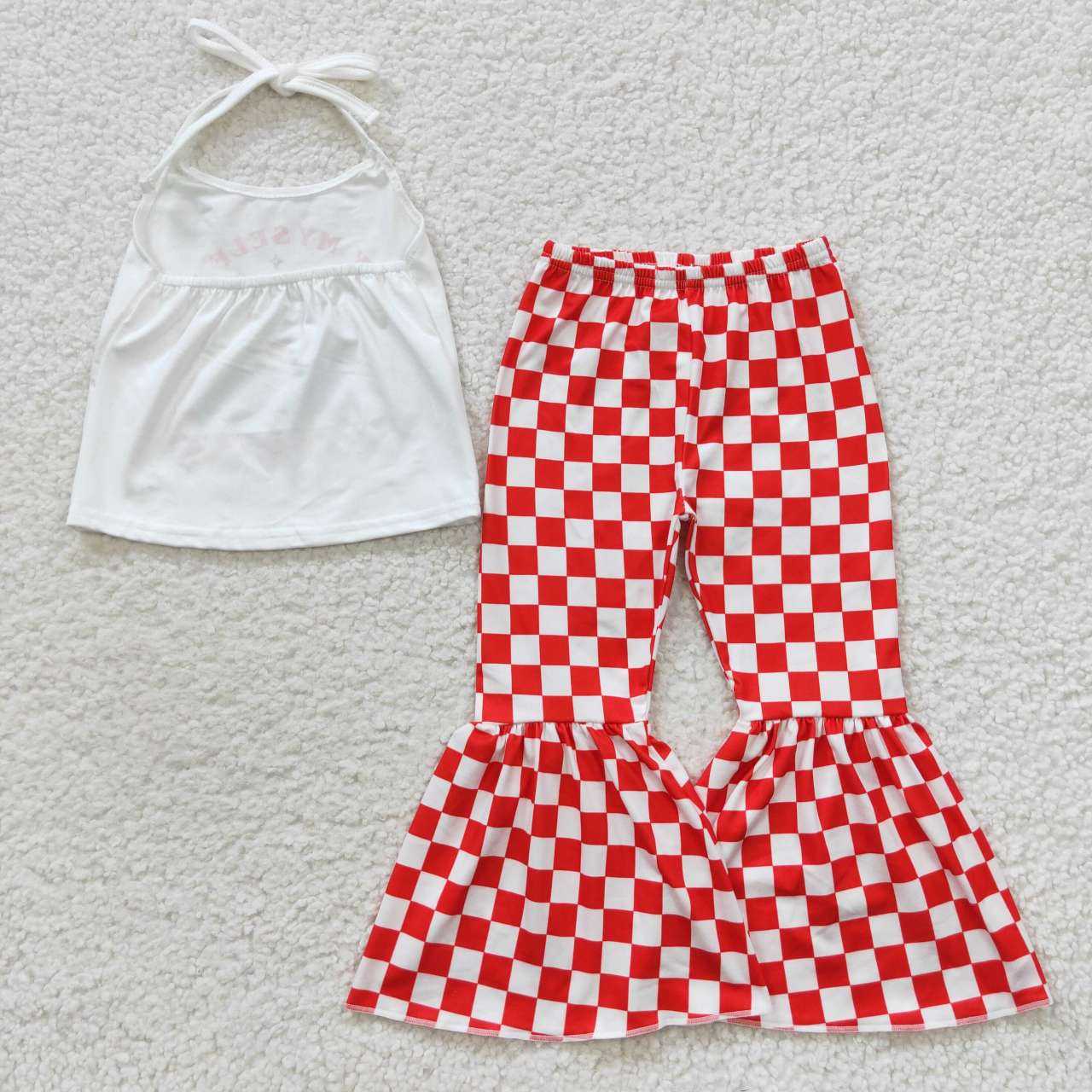 girl summer red checkered halter set