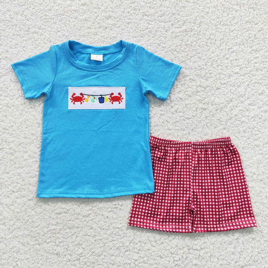 blue red crab embroidery boy shorts set