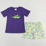 boy madi gras crocodile embroidery shorts set