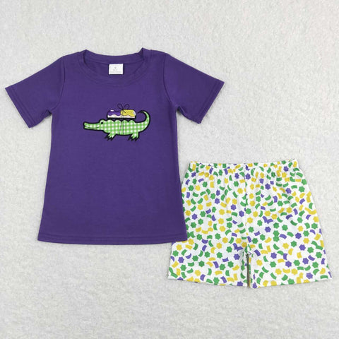 boy madi gras crocodile embroidery shorts set