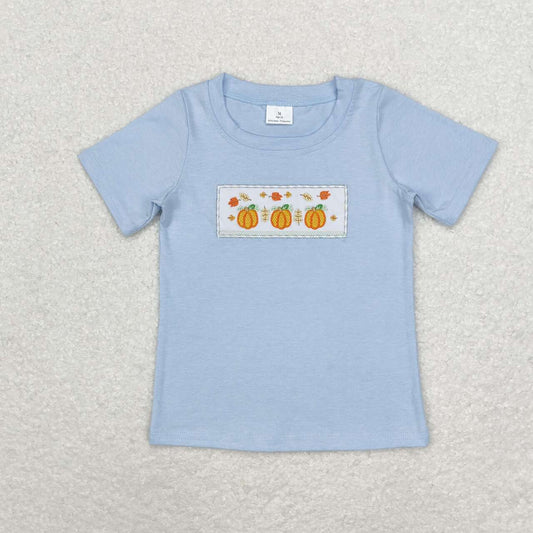 cotton blue pumpkin embroidered shirt boy fall top