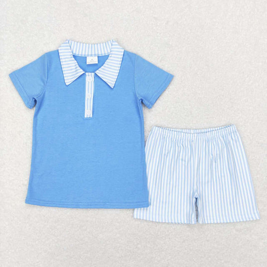 boy blue polo t-shirt stripe shorts set