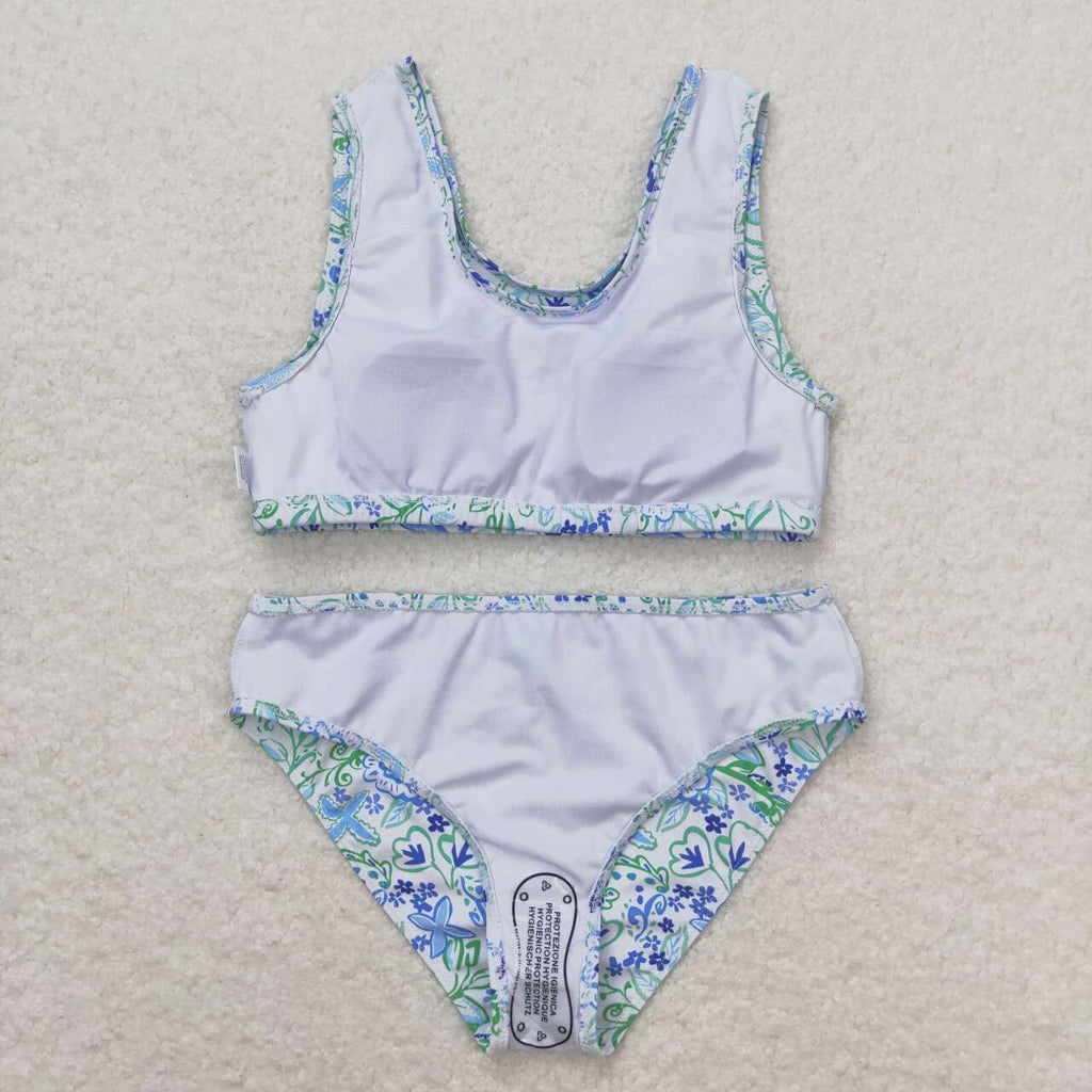 blue flowers two pieces girl swimsuit