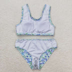blue flowers two pieces girl swimsuit