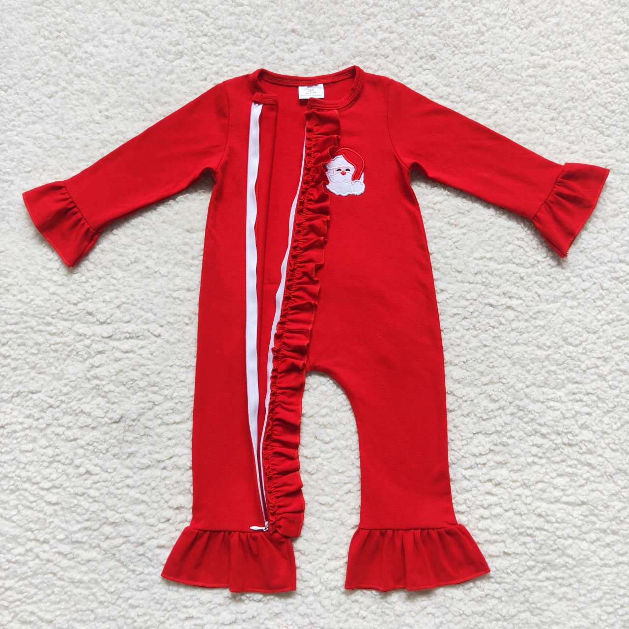 cotton solid red santa embroidery baby girl zipper romper