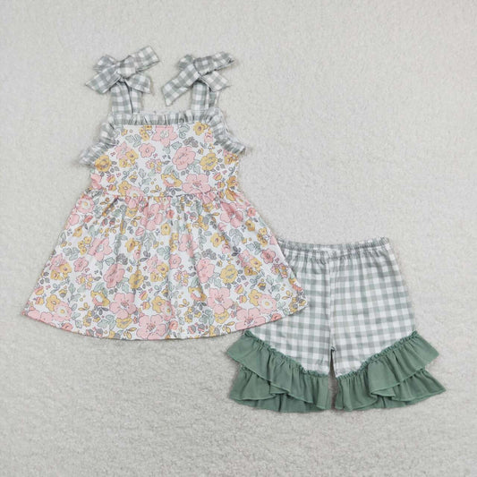 spring flower outfit, strap,ruffle plaid shorts, girls clothing