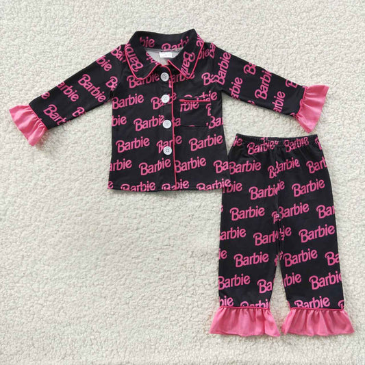black hot pink doll letters gitl button pajama set