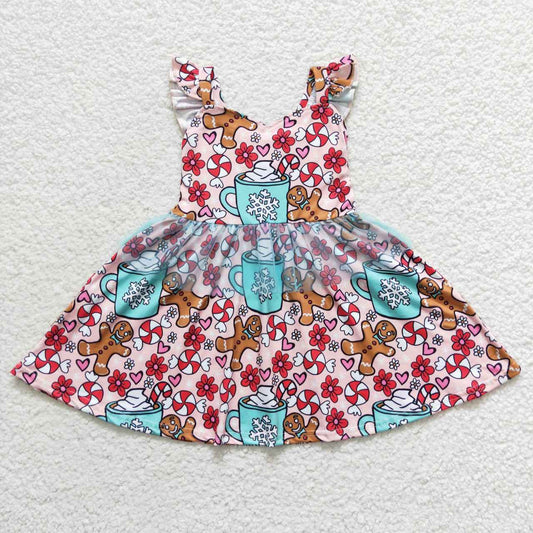 christmas flutter sleeve gingerbread candy cup print twirl dress