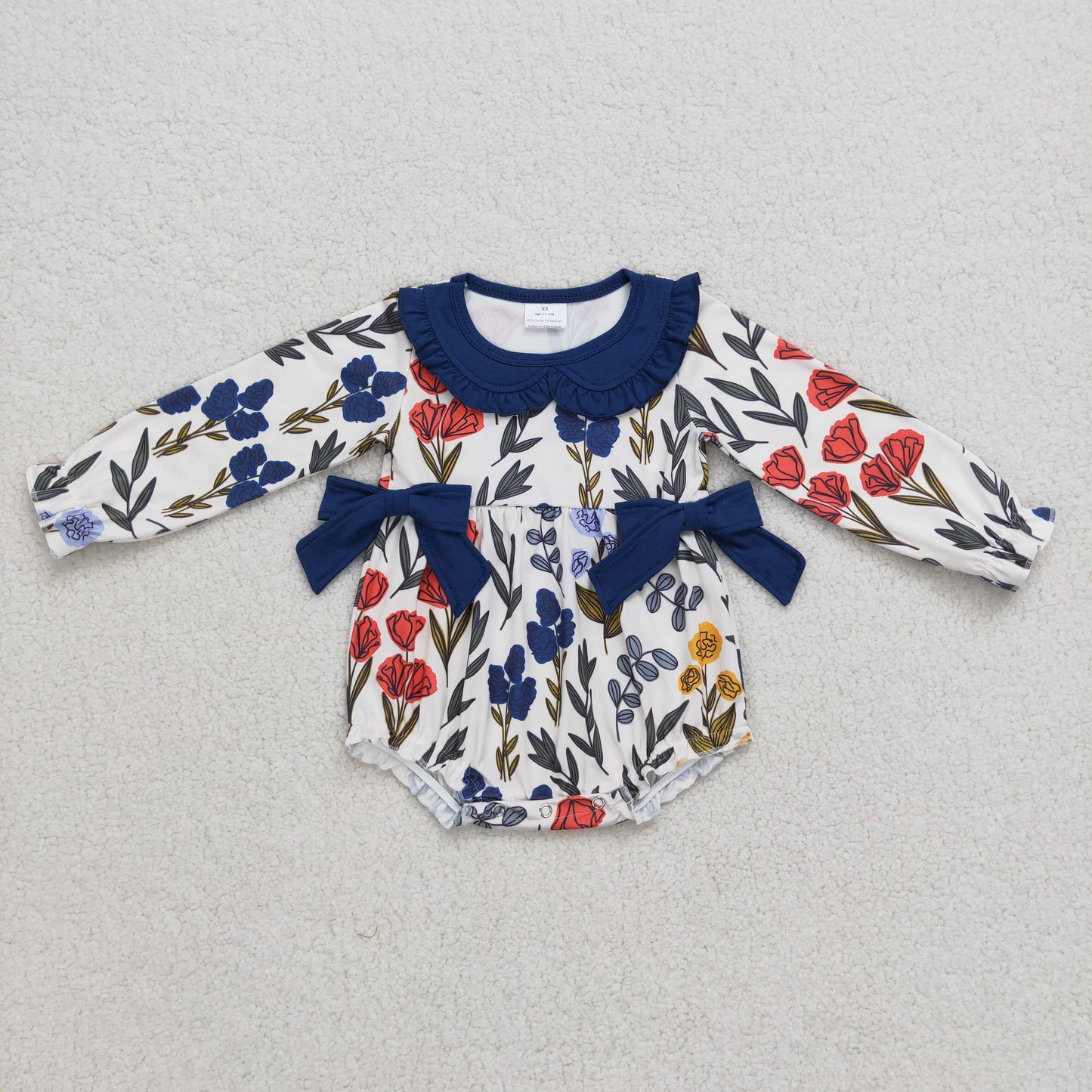 navy blue floral bow bubble infant romper