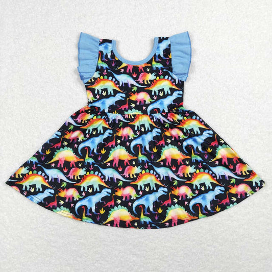 girl flutter sleeve rainbow dinosaur dress