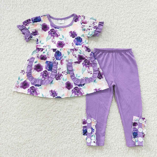 Purple flower cotton leggings set girls pocket outfit