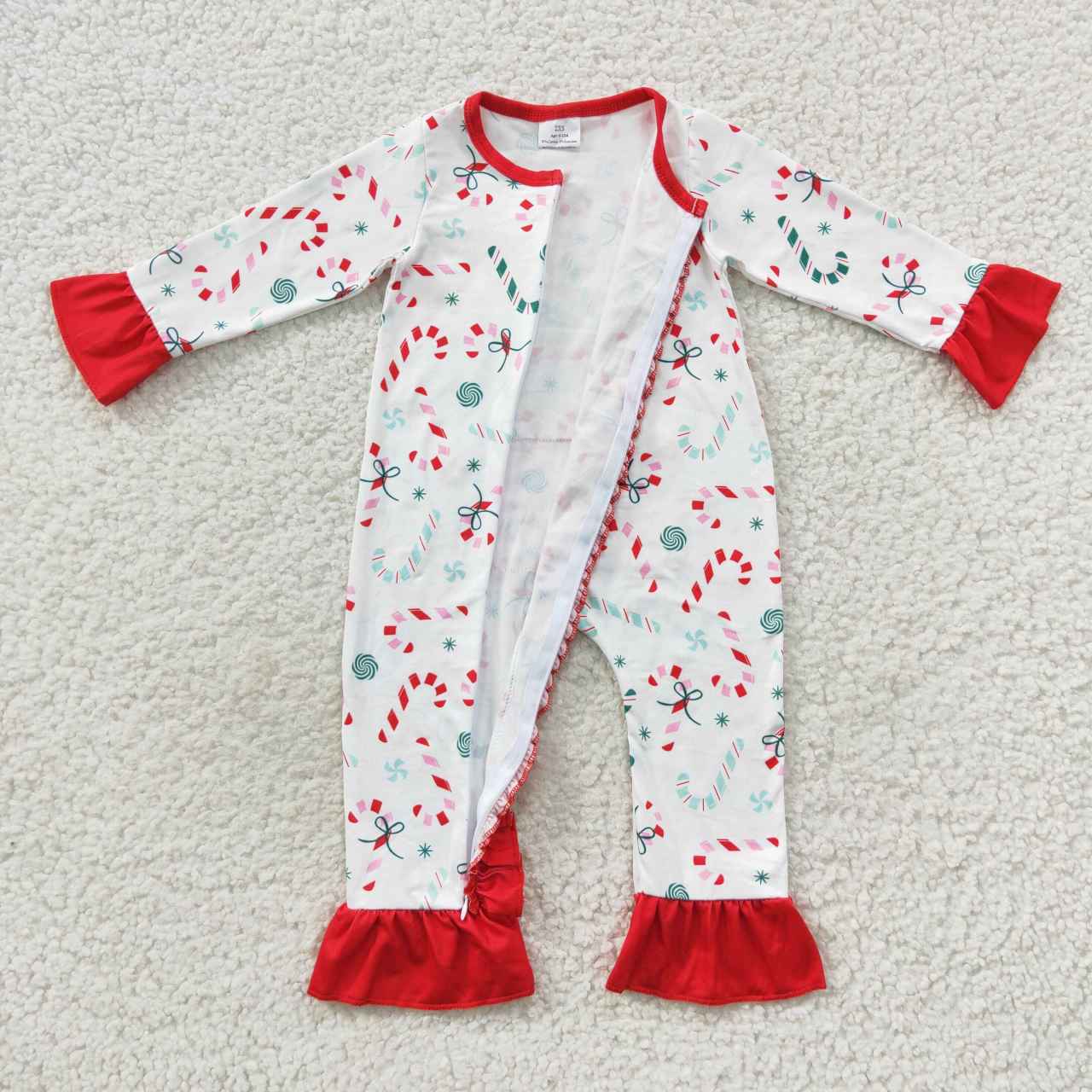 Candy cane ruffle zipper sleeper, baby girl christmas PJs