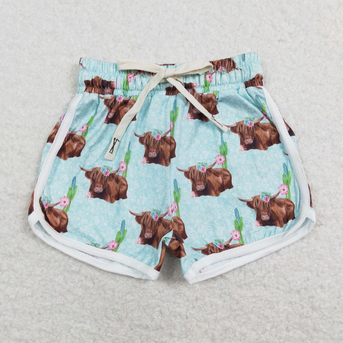 girl 1pc light blue highland cow shorts